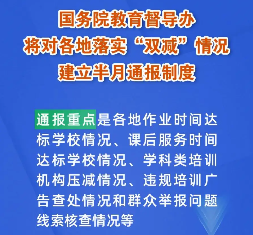 國務(wù)院教育督導(dǎo)辦將對各地落實(shí)“雙減”情況建立半月通報(bào)制度，建“雙減”曝光臺(tái)！